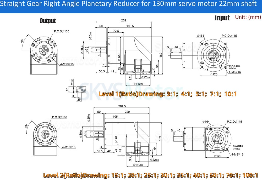 PVE120-Serie, 90&deg;-Winkelplanetengetriebe, &Uuml;bersetzung 3:1 &ndash; 100:1, f&uuml;r 110-mm-/130-mm-Servomotoren, 19/22/24-mm-Eingangsbuchse